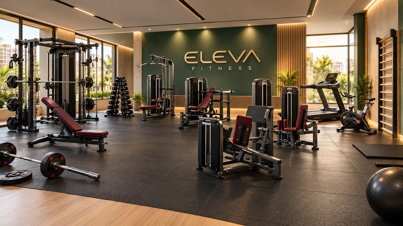 Academia ELEVA Fitness implantada na área comum de um condomínio, com equipamentos de musculação e cardio